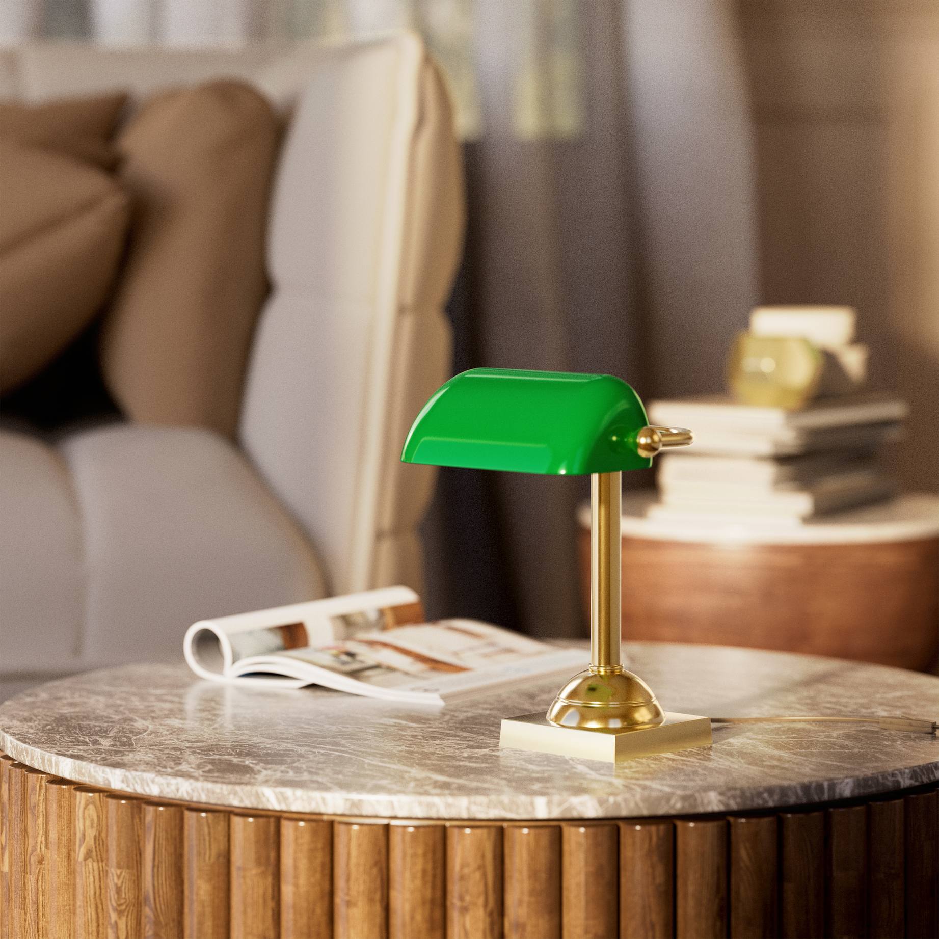 Compact banker's lamp with green glass shade and brass structure, square base and essential design by Ghidini 1849 - Finish: OLV Polished Brass