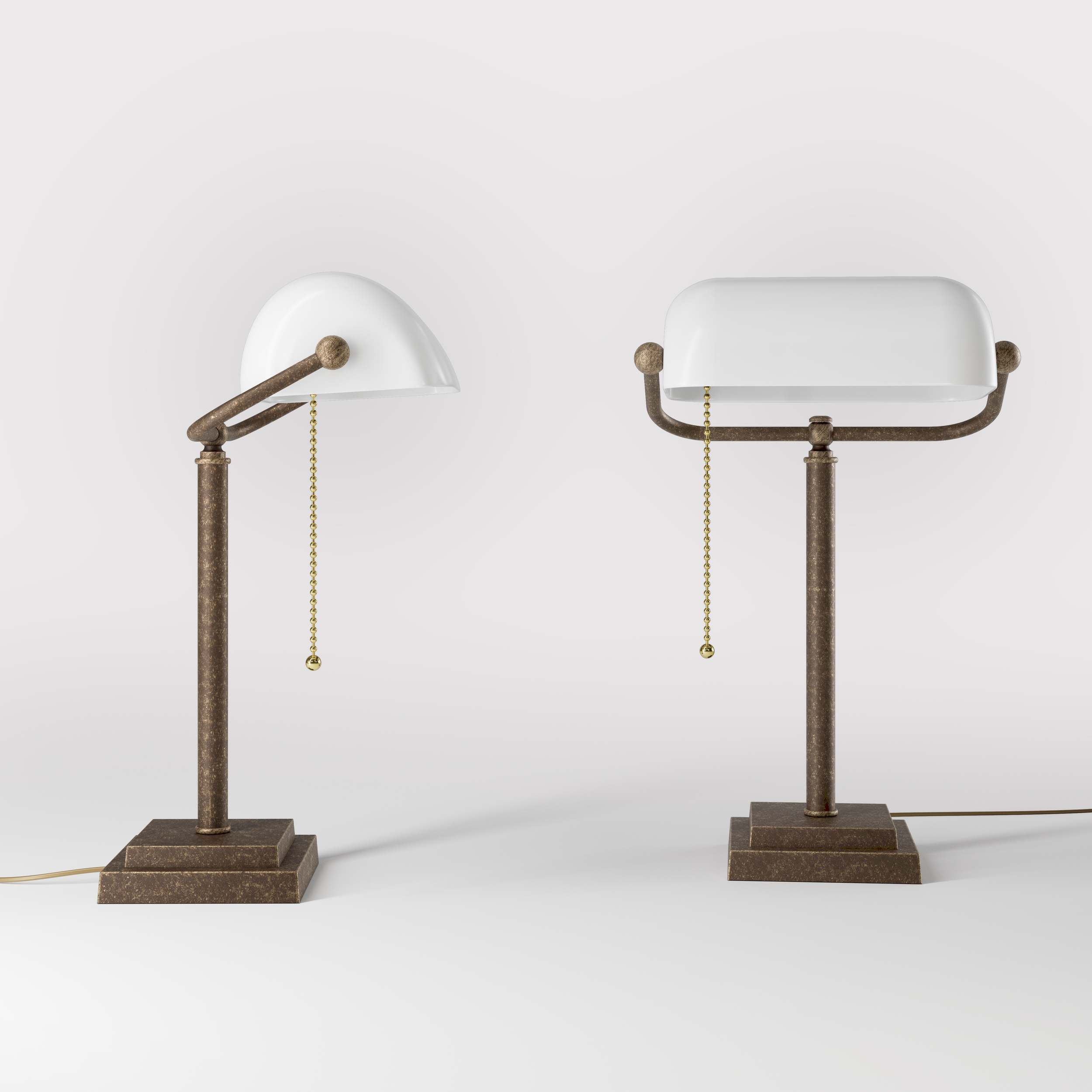 Banker's desk lamp with white glass shade and brass structure, geometric base and golden pull chain for operation by Ghidini 1849 - Finish: OAS Antique Brass