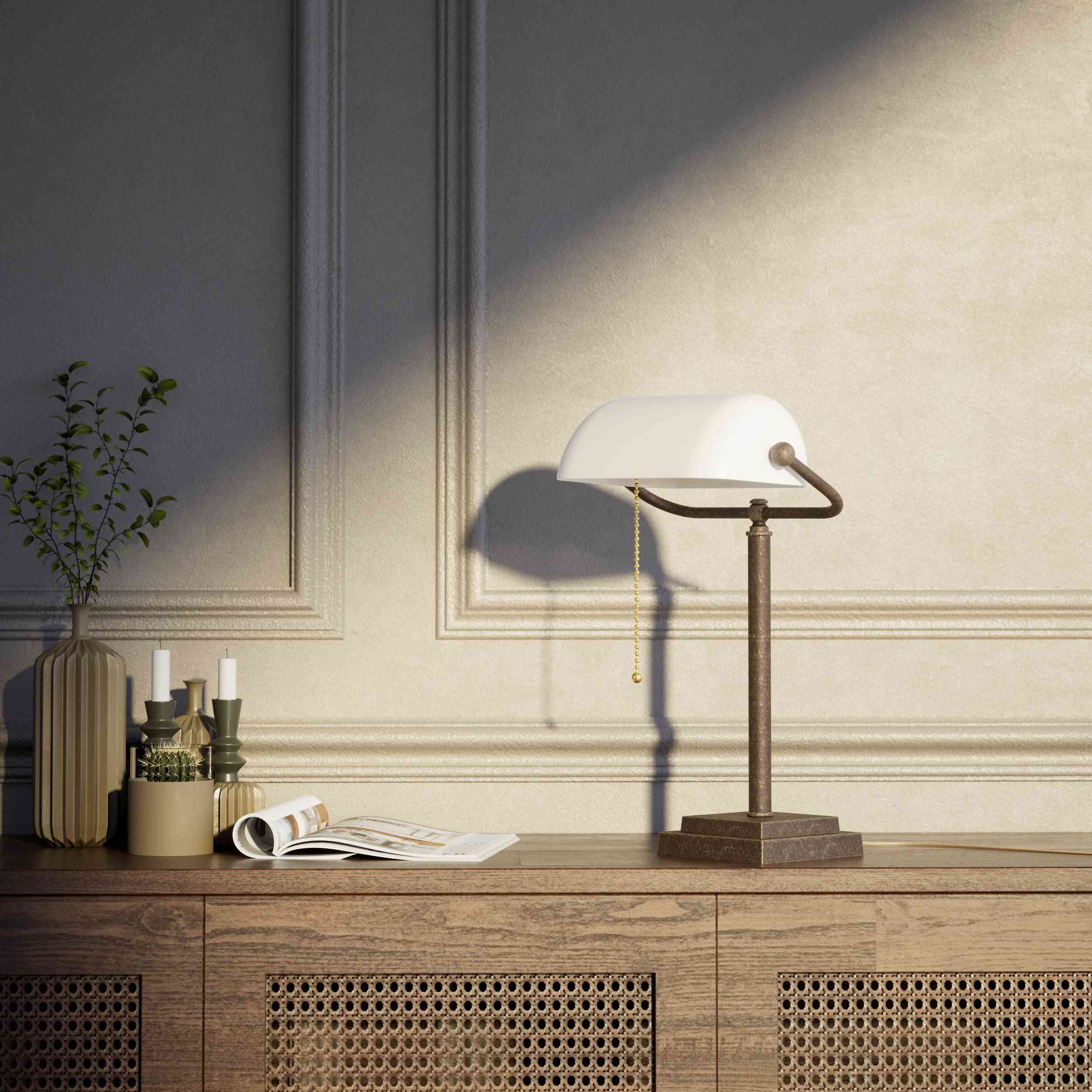 Banker's desk lamp with white glass shade and brass structure, geometric base and golden pull chain for operation by Ghidini 1849 - Finish: OAS Antique Brass