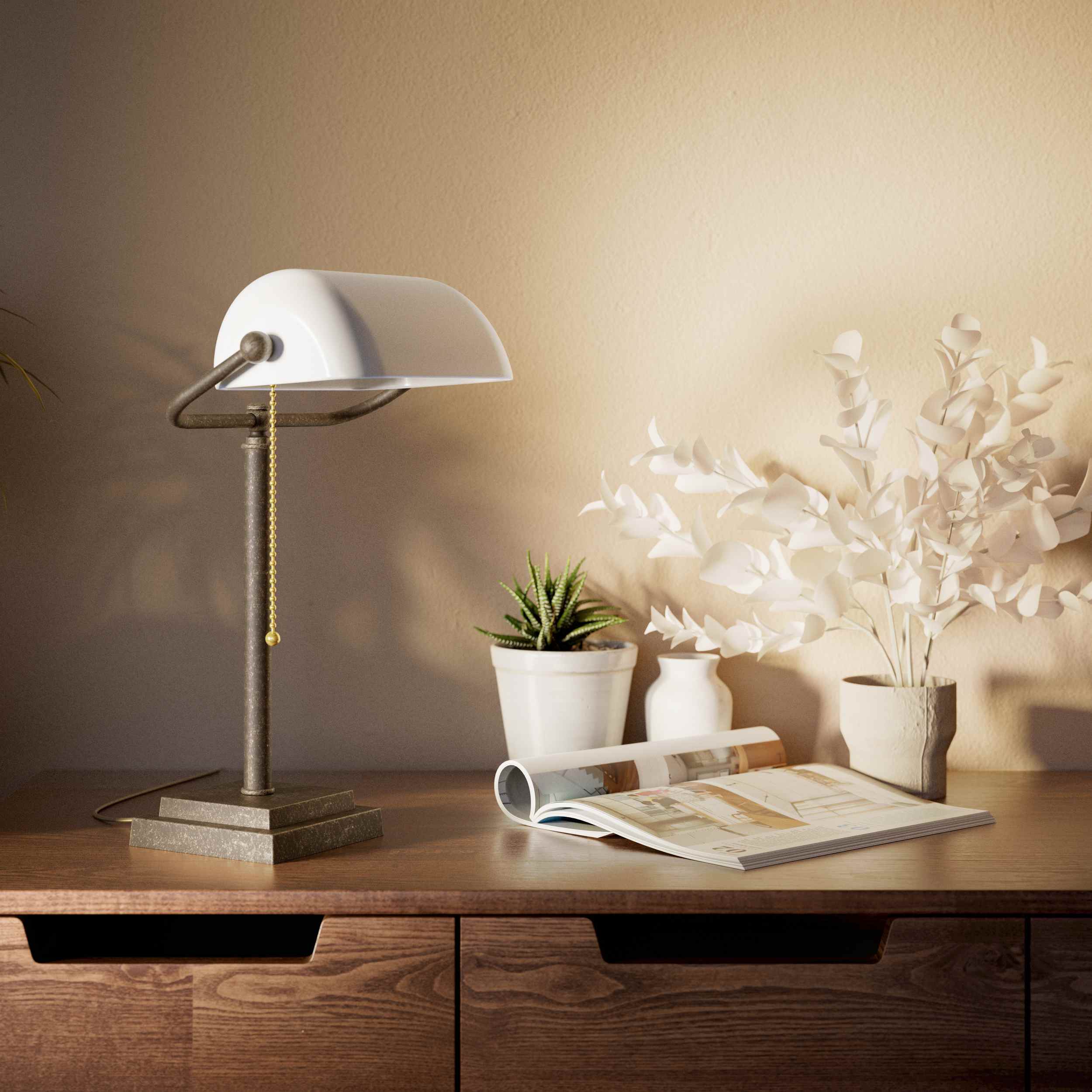 Banker's desk lamp with white glass shade and brass structure, geometric base and golden pull chain for operation by Ghidini 1849 - Finish: OAS Antique Brass