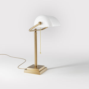 Banker's desk lamp with white glass shade and brass structure, geometric base and golden pull chain for operation by Ghidini 1849 - Finish: OBS Bronze Satin Brass