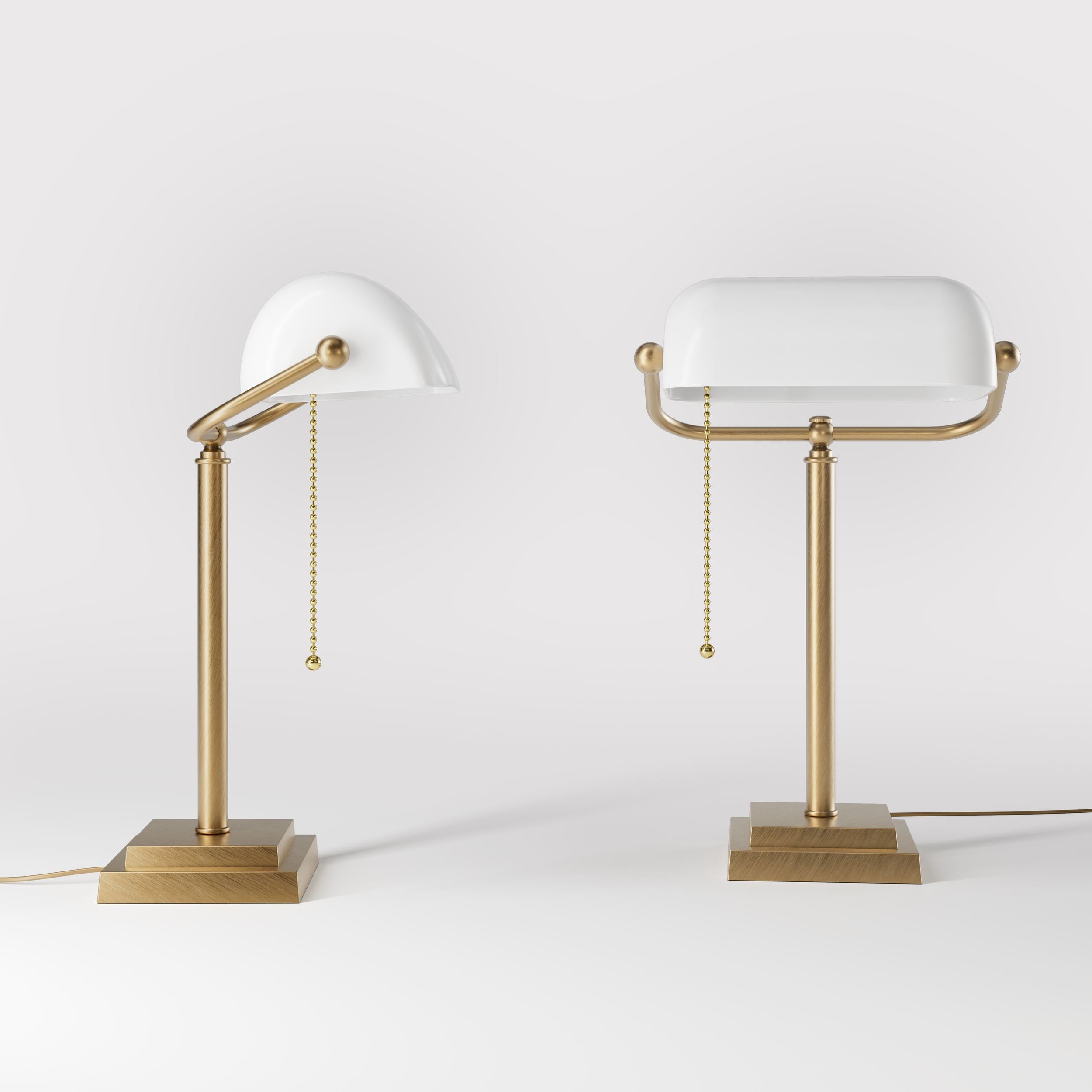 Banker's desk lamp with white glass shade and brass structure, geometric base and golden pull chain for operation by Ghidini 1849 - Finish: OBS Bronze Satin Brass