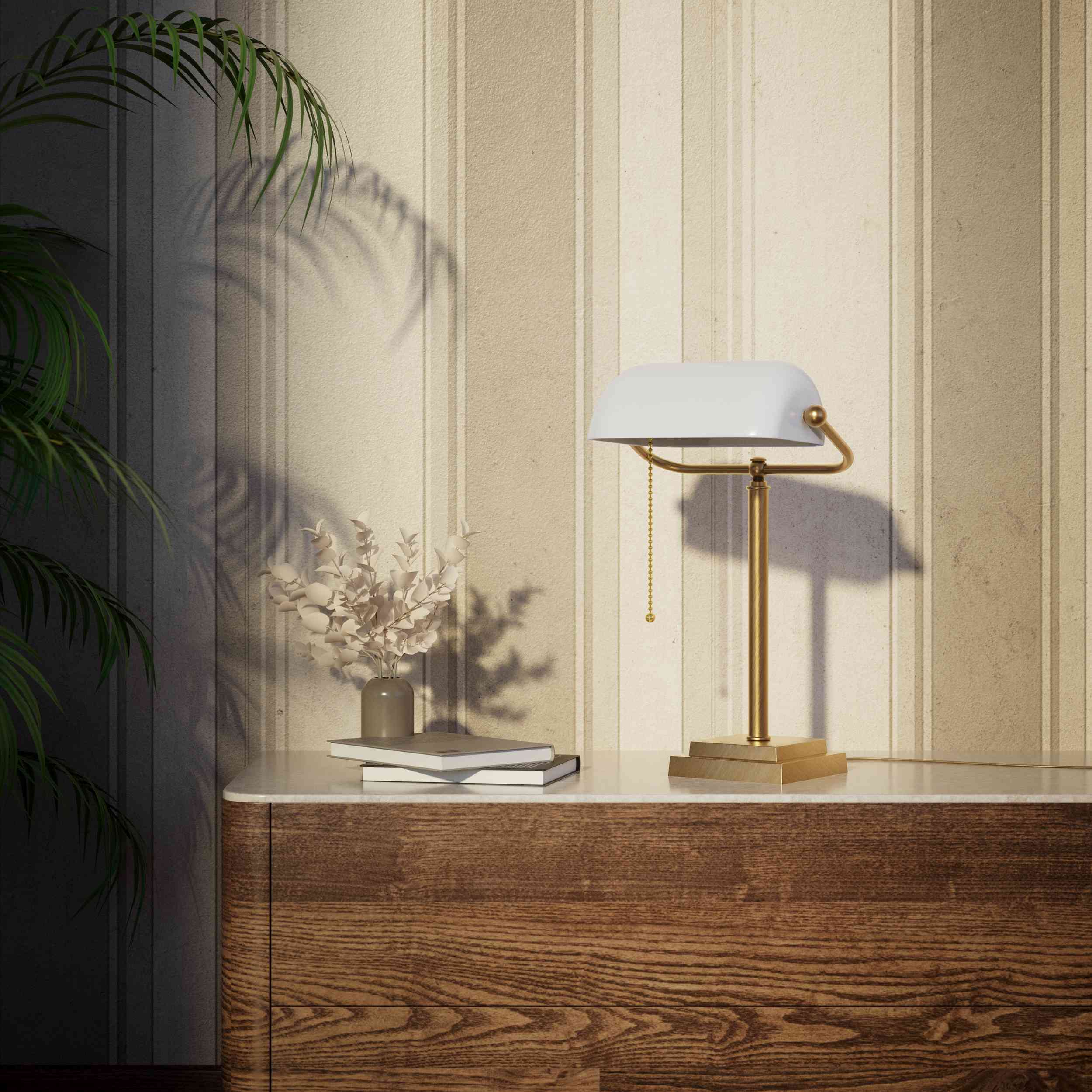 Banker's desk lamp with white glass shade and brass structure, geometric base and golden pull chain for operation by Ghidini 1849 - Finish: OBS Bronze Satin Brass