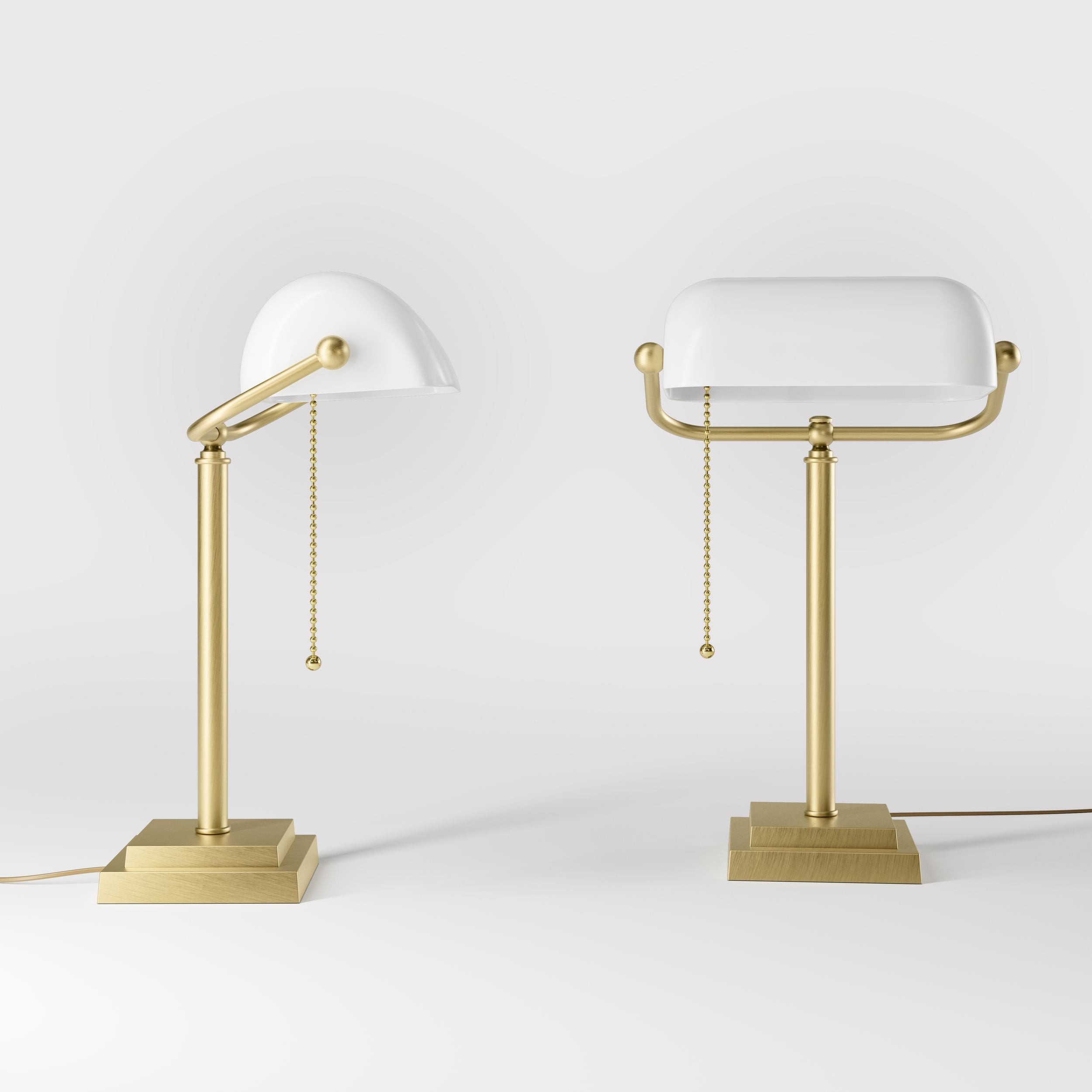 Banker's desk lamp with white glass shade and brass structure, geometric base and golden pull chain for operation by Ghidini 1849 - Finish: OBV Bronze Satin Light Brass