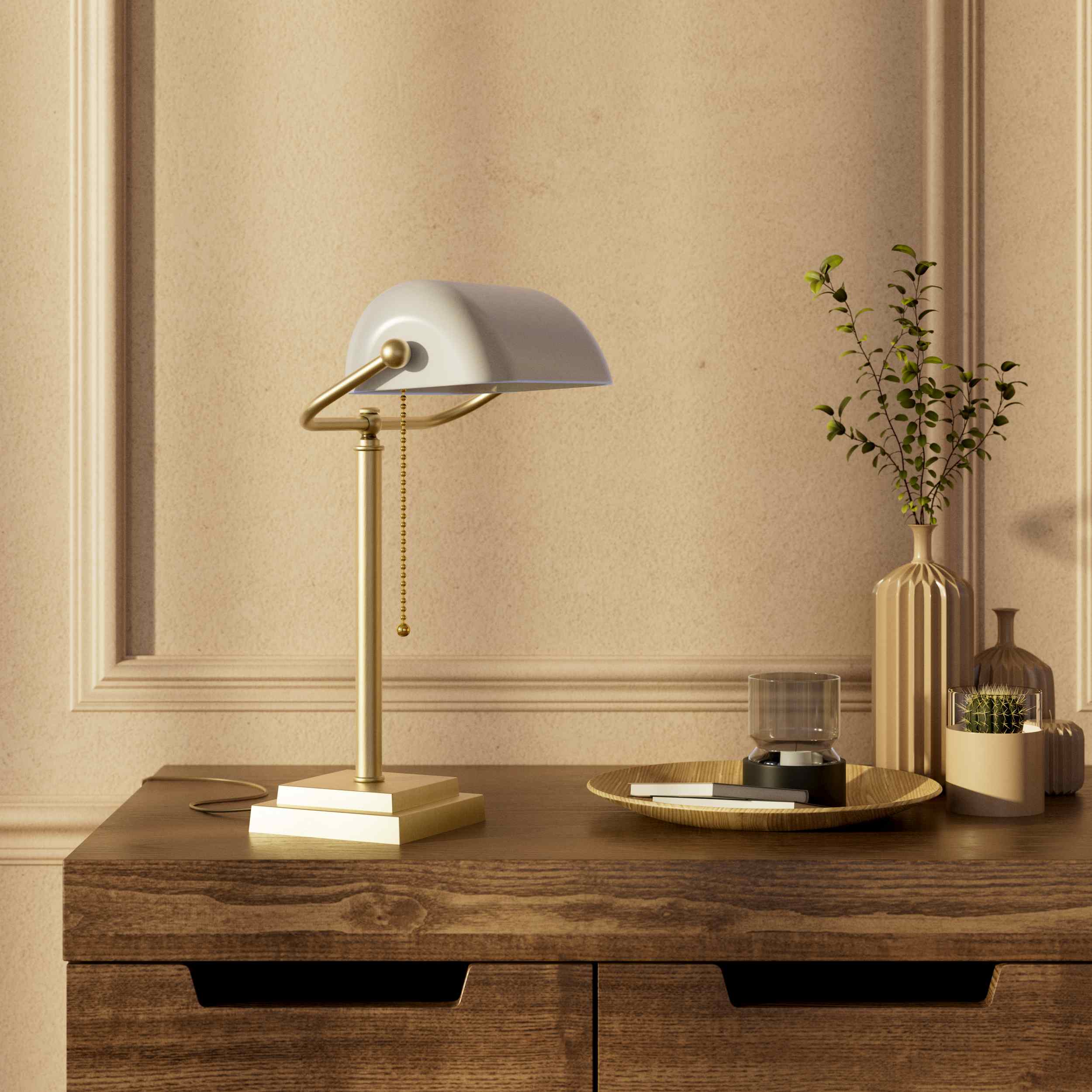 Banker's desk lamp with white glass shade and brass structure, geometric base and golden pull chain for operation by Ghidini 1849 - Finish: OBV Bronze Satin Light Brass