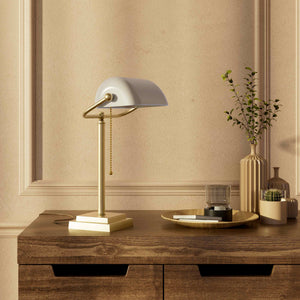 Banker's desk lamp with white glass shade and brass structure, geometric base and golden pull chain for operation by Ghidini 1849 - Finish: OBV Bronze Satin Light Brass