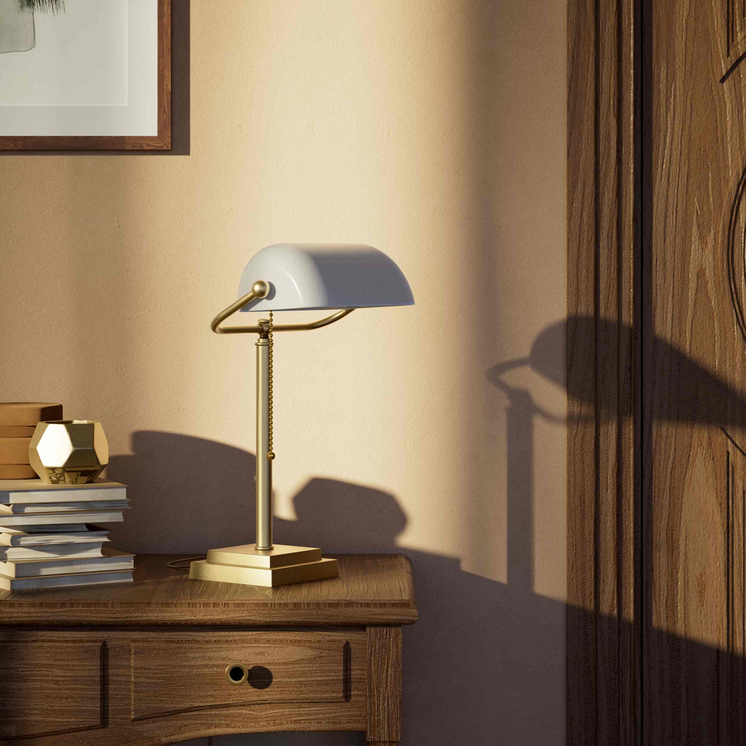 Banker's desk lamp with white glass shade and brass structure, geometric base and golden pull chain for operation by Ghidini 1849 - Finish: OBV Bronze Satin Light Brass