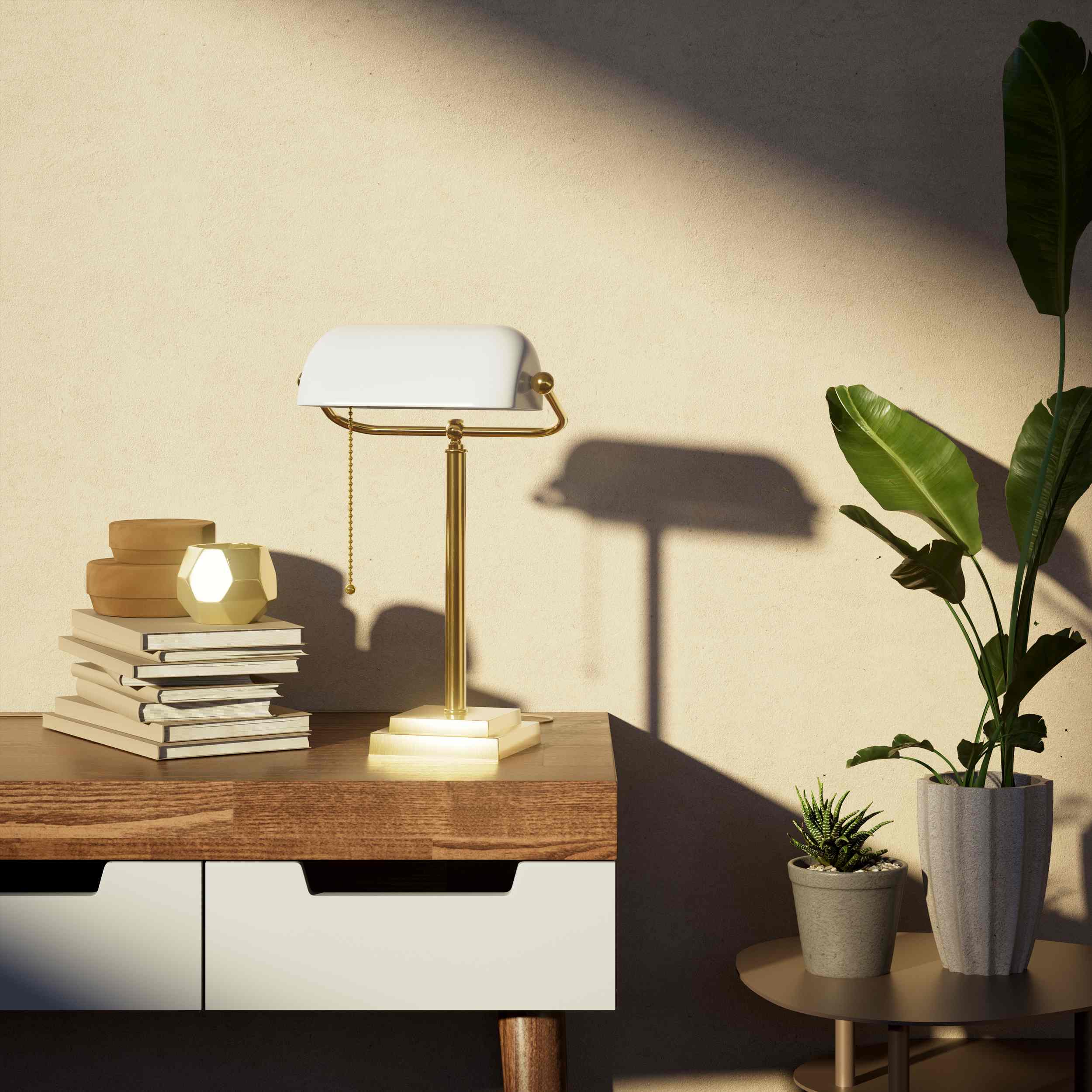 Banker's desk lamp with white glass shade and brass structure, geometric base and golden pull chain for operation by Ghidini 1849 - Finish: OLV Polished Brass