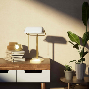 Banker's desk lamp with white glass shade and brass structure, geometric base and golden pull chain for operation by Ghidini 1849 - Finish: OLV Polished Brass