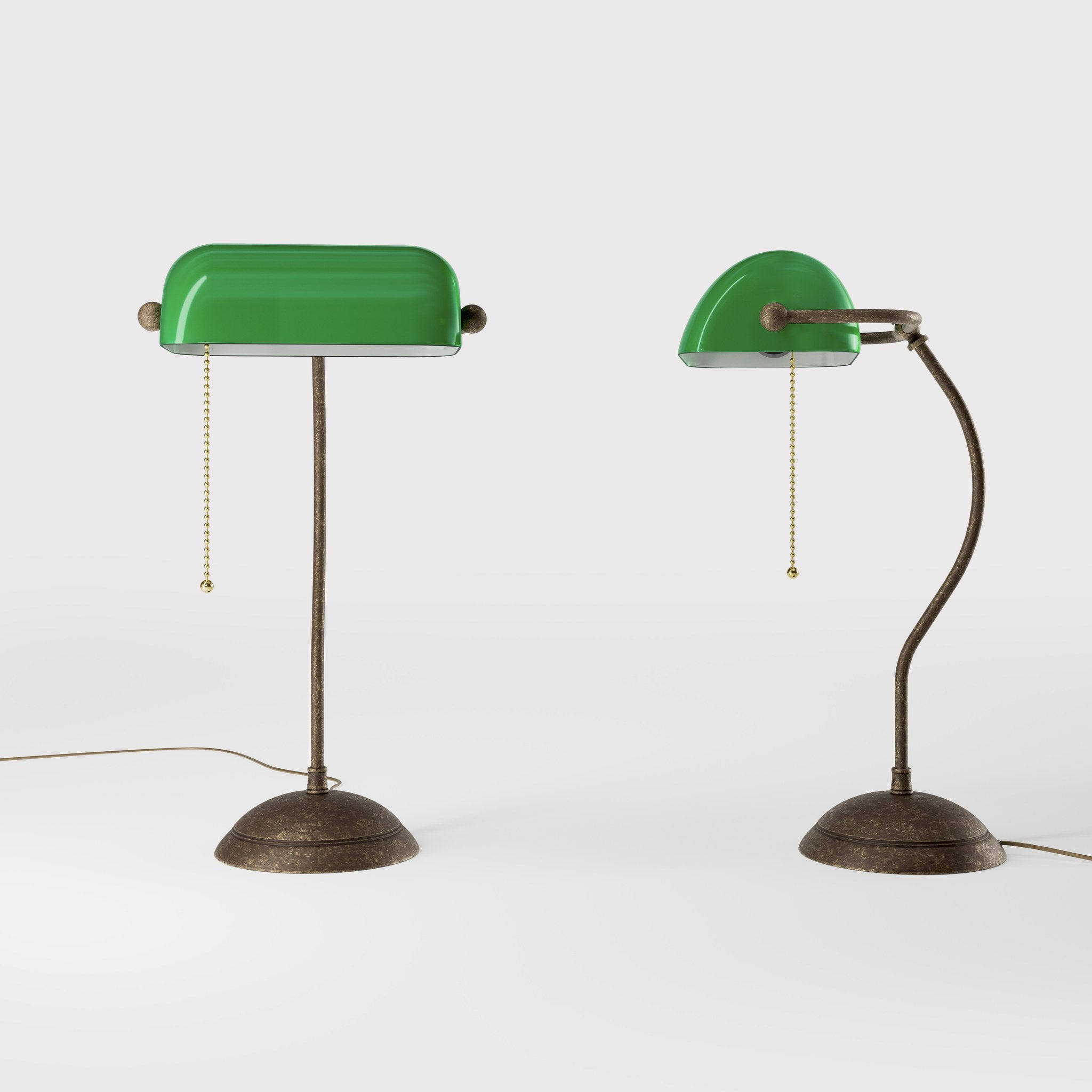 Banker's lamp with curved stem, green glass shade and domed brass base, golden pull chain for operation by Ghidini 1849 - Finish: OAS Antique Brass