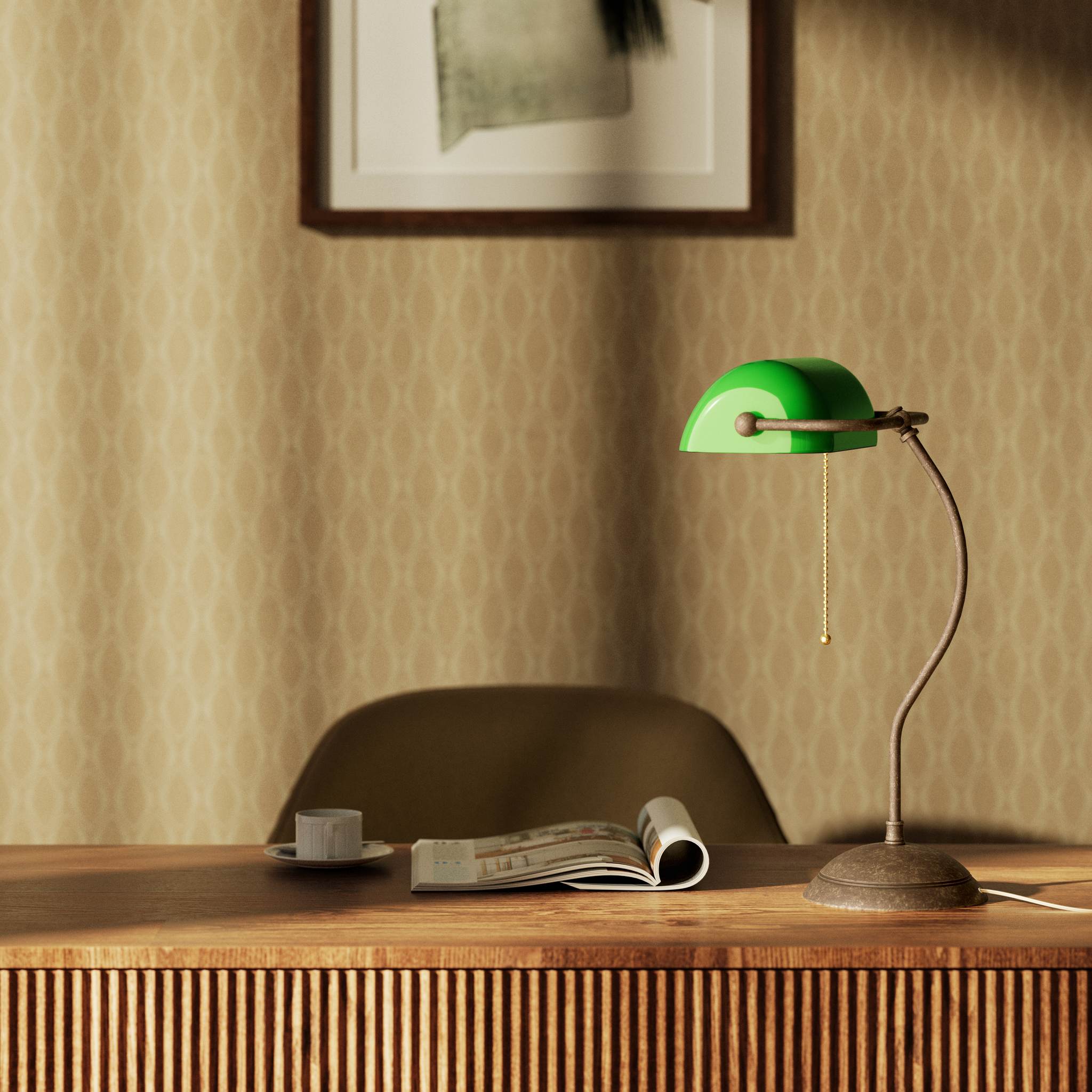 Banker's lamp with curved stem, green glass shade and domed brass base, golden pull chain for operation by Ghidini 1849 - Finish: OAS Antique Brass