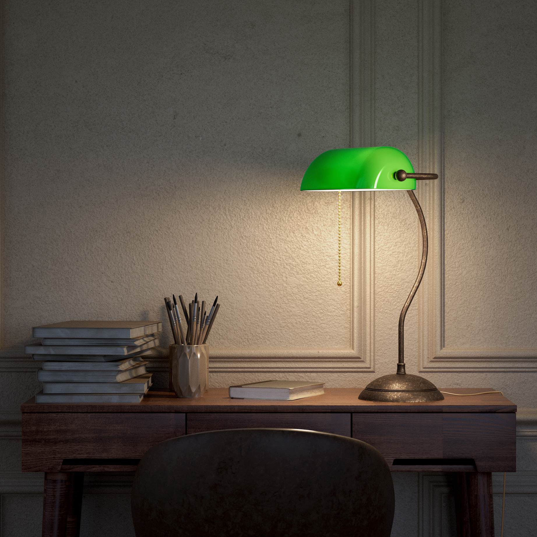 Banker's lamp with curved stem, green glass shade and domed brass base, golden pull chain for operation by Ghidini 1849 - Finish: OAS Antique Brass