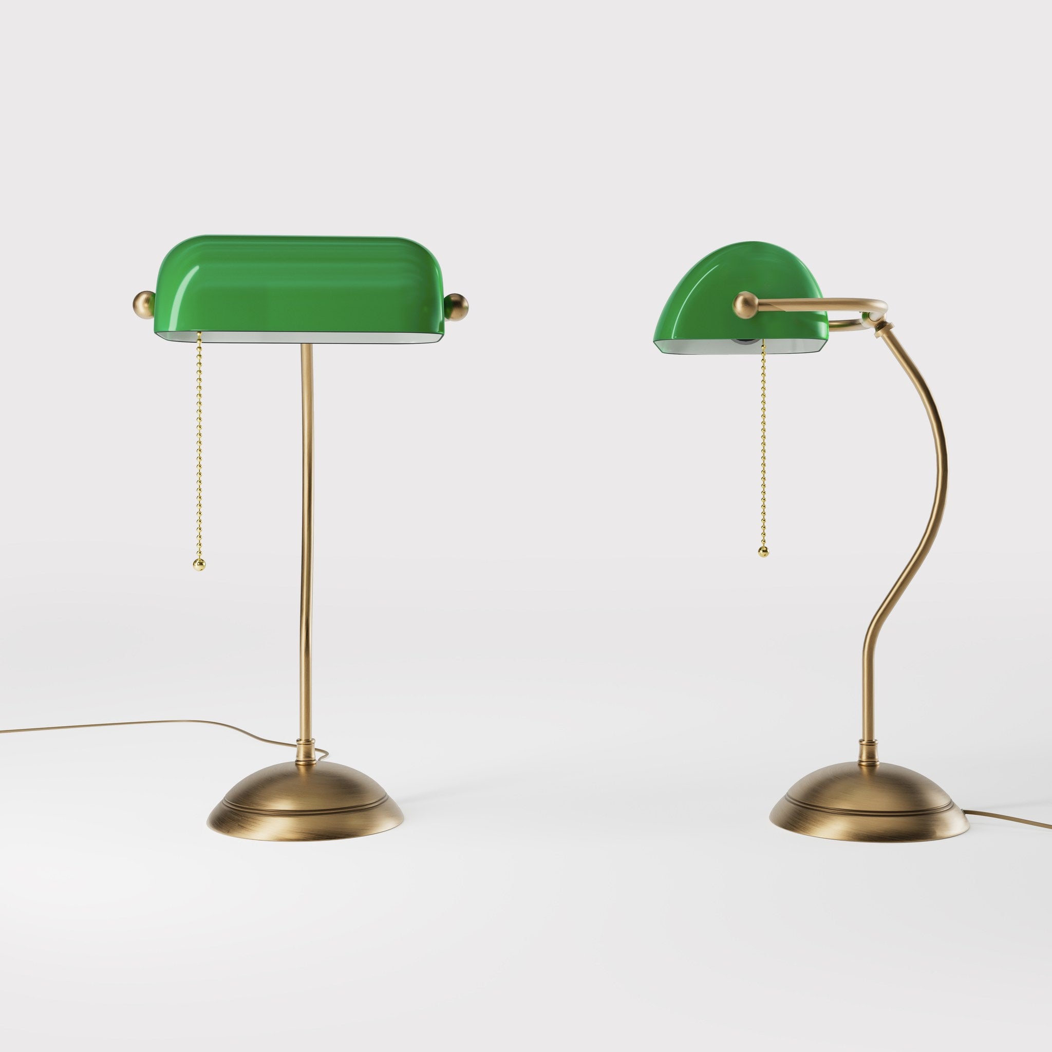 Banker's lamp with curved stem, green glass shade and domed brass base, golden pull chain for operation by Ghidini 1849 - Finish: OBS Bronze Satin Brass