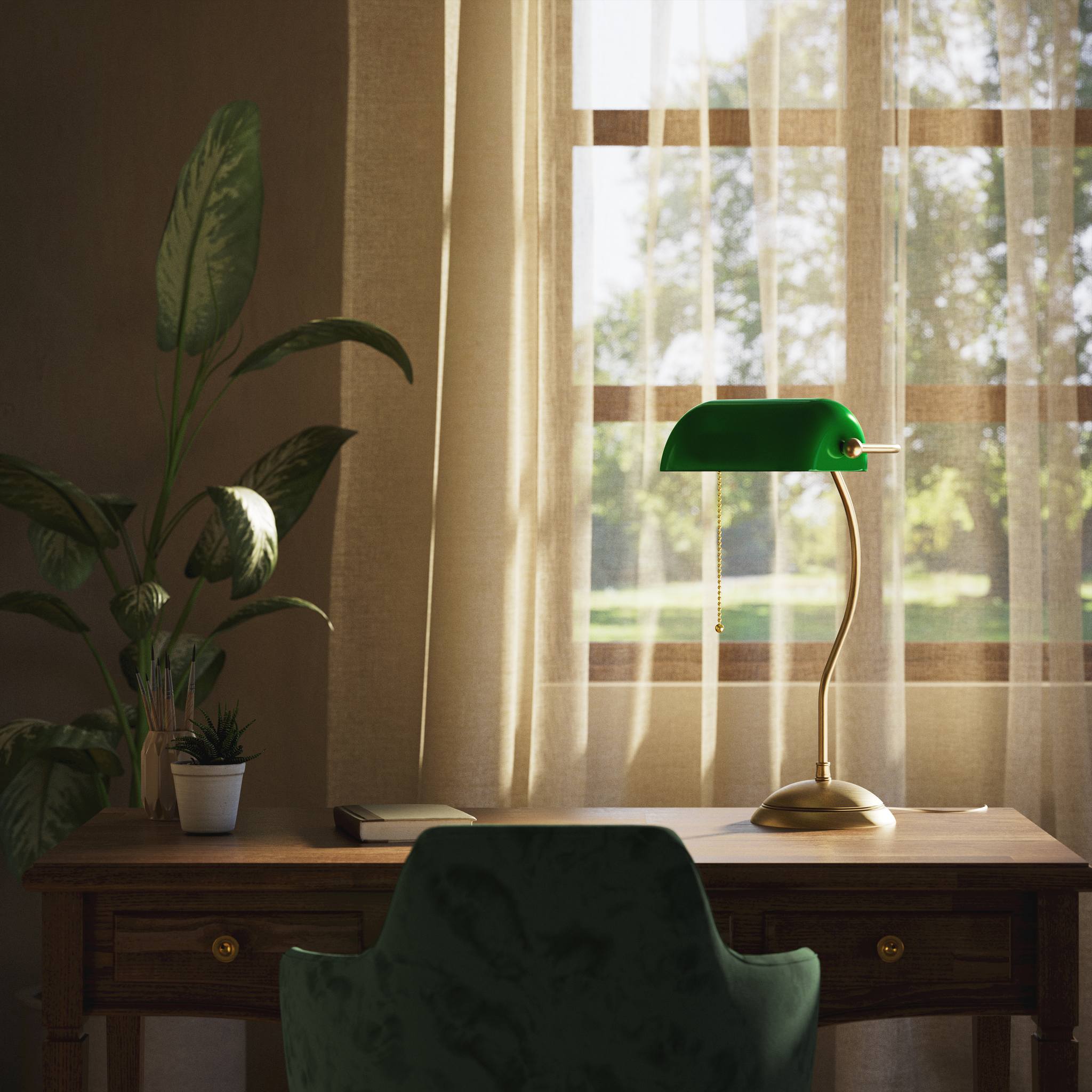 Banker's lamp with curved stem, green glass shade and domed brass base, golden pull chain for operation by Ghidini 1849 - Finish: OBS Bronze Satin Brass