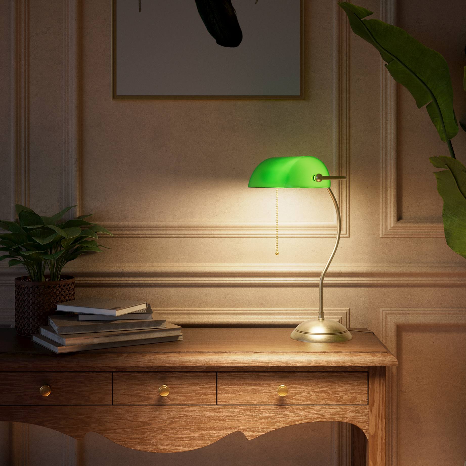 Banker's lamp with curved stem, green glass shade and domed brass base, golden pull chain for operation by Ghidini 1849 - Finish: OBV Bronze Satin Light Brass