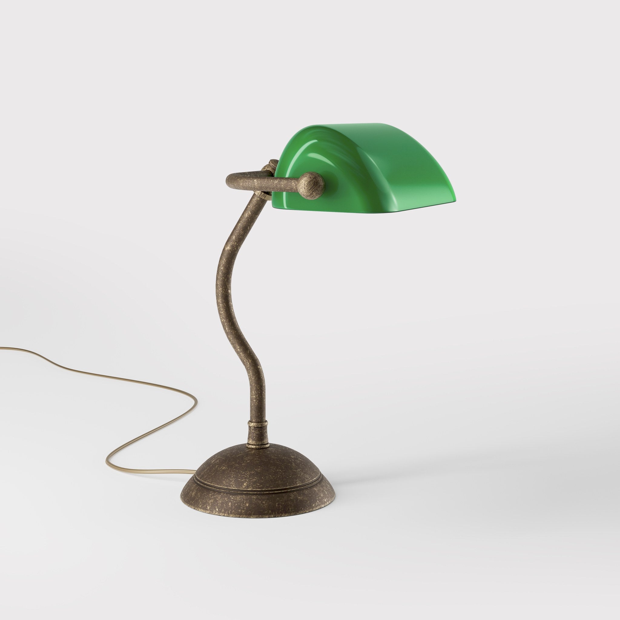 Mini banker's lamp with green glass shade and curved stem, domed brass base, compact design by Ghidini 1849 - Finish: OAS Antique Brass