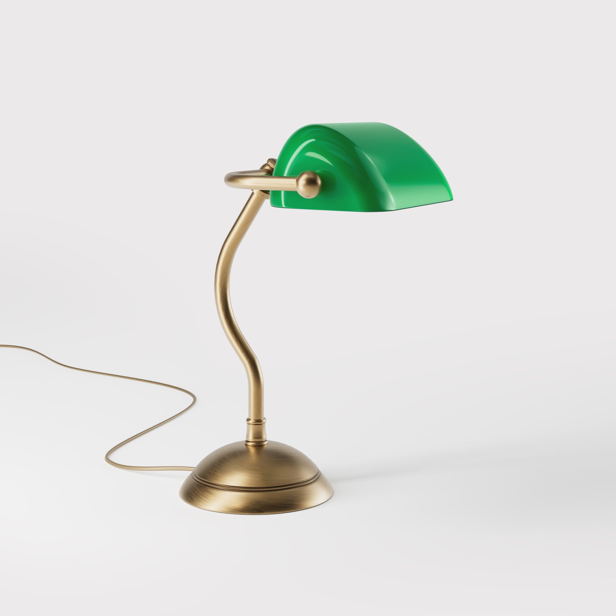 Mini banker's lamp with green glass shade and curved stem, domed brass base, compact design by Ghidini 1849 - Finish: OBS Bronze Satin Brass