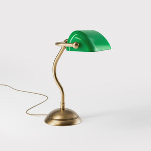 Mini banker's lamp with green glass shade and curved stem, domed brass base, compact design by Ghidini 1849 - Finish: OBS Bronze Satin Brass