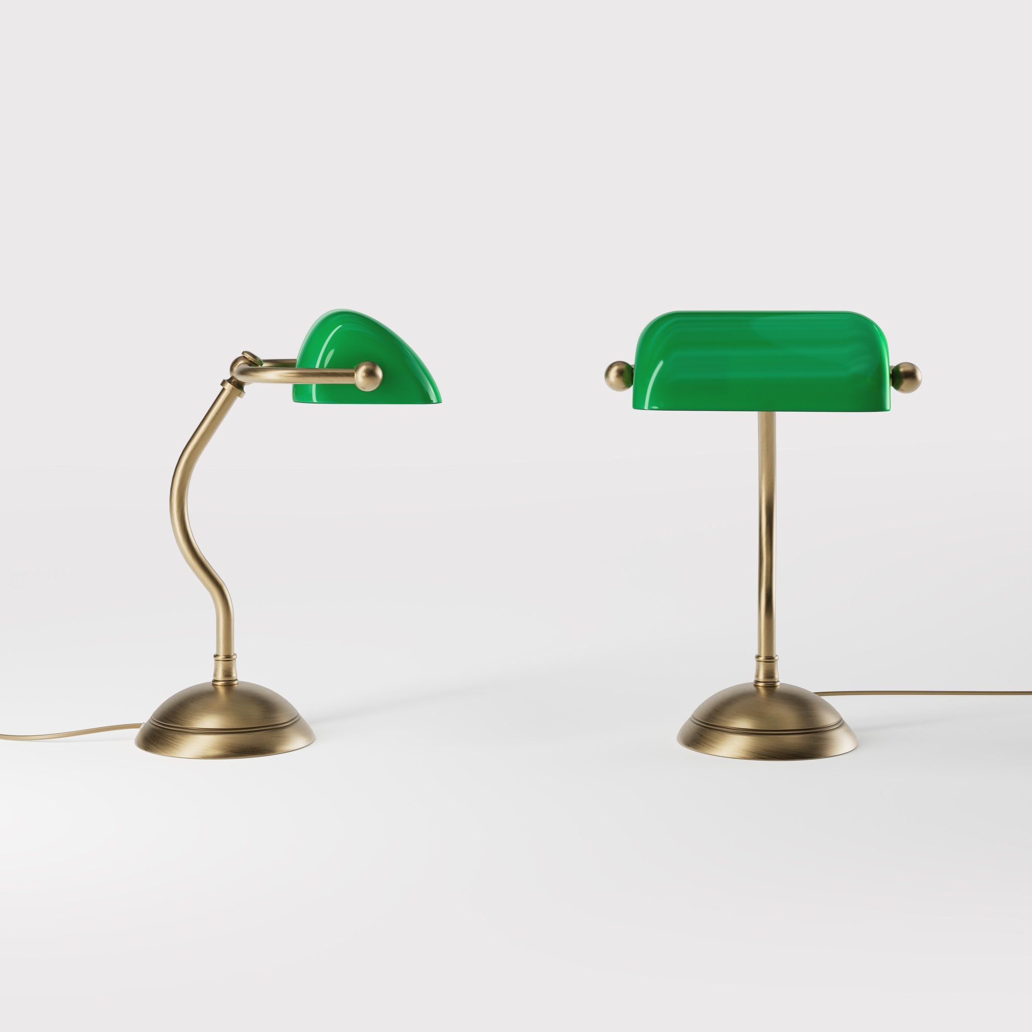 Mini banker's lamp with green glass shade and curved stem, domed brass base, compact design by Ghidini 1849 - Finish: OBS Bronze Satin Brass