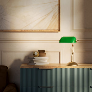 Mini banker's lamp with green glass shade and curved stem, domed brass base, compact design by Ghidini 1849 - Finish: OBS Bronze Satin Brass