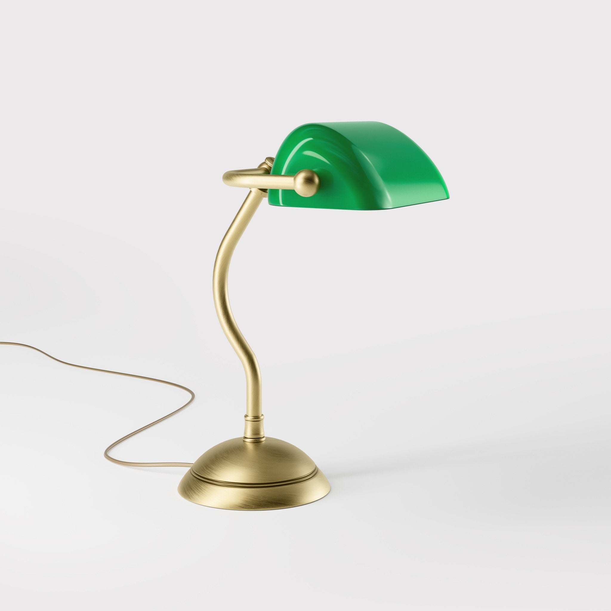 Mini banker's lamp with green glass shade and curved stem, domed brass base, compact design by Ghidini 1849 - Finish: OBV Bronze Satin Light Brass