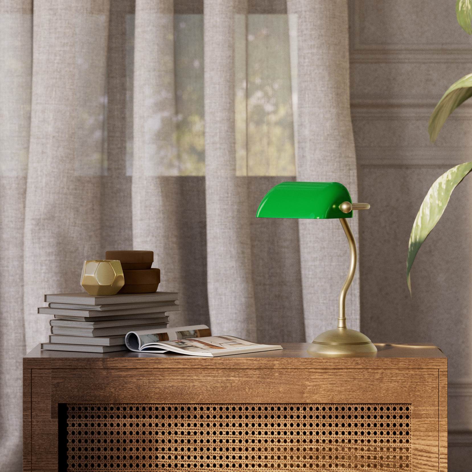 Mini banker's lamp with green glass shade and curved stem, domed brass base, compact design by Ghidini 1849 - Finish: OBV Bronze Satin Light Brass