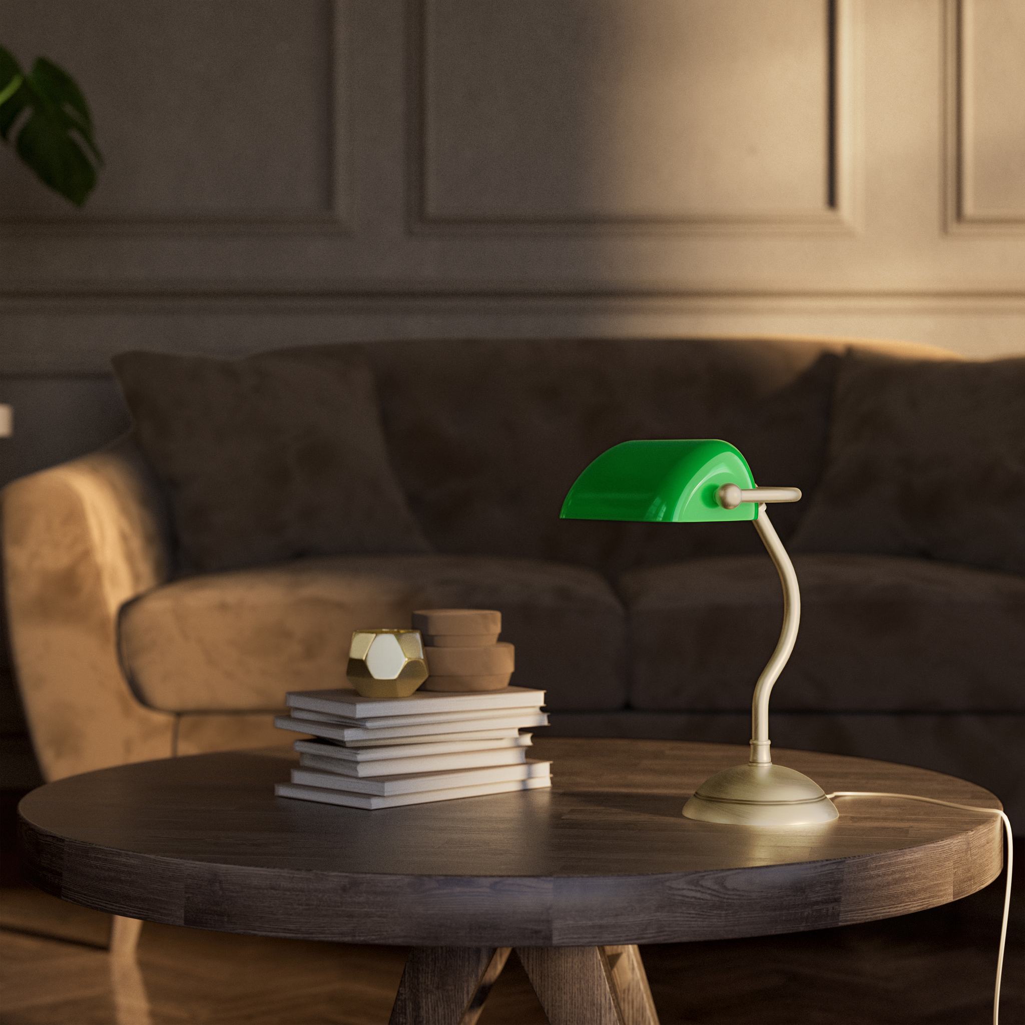 Mini banker's lamp with green glass shade and curved stem, domed brass base, compact design by Ghidini 1849 - Finish: OBV Bronze Satin Light Brass