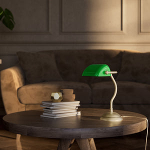 Mini banker's lamp with green glass shade and curved stem, domed brass base, compact design by Ghidini 1849 - Finish: OBV Bronze Satin Light Brass