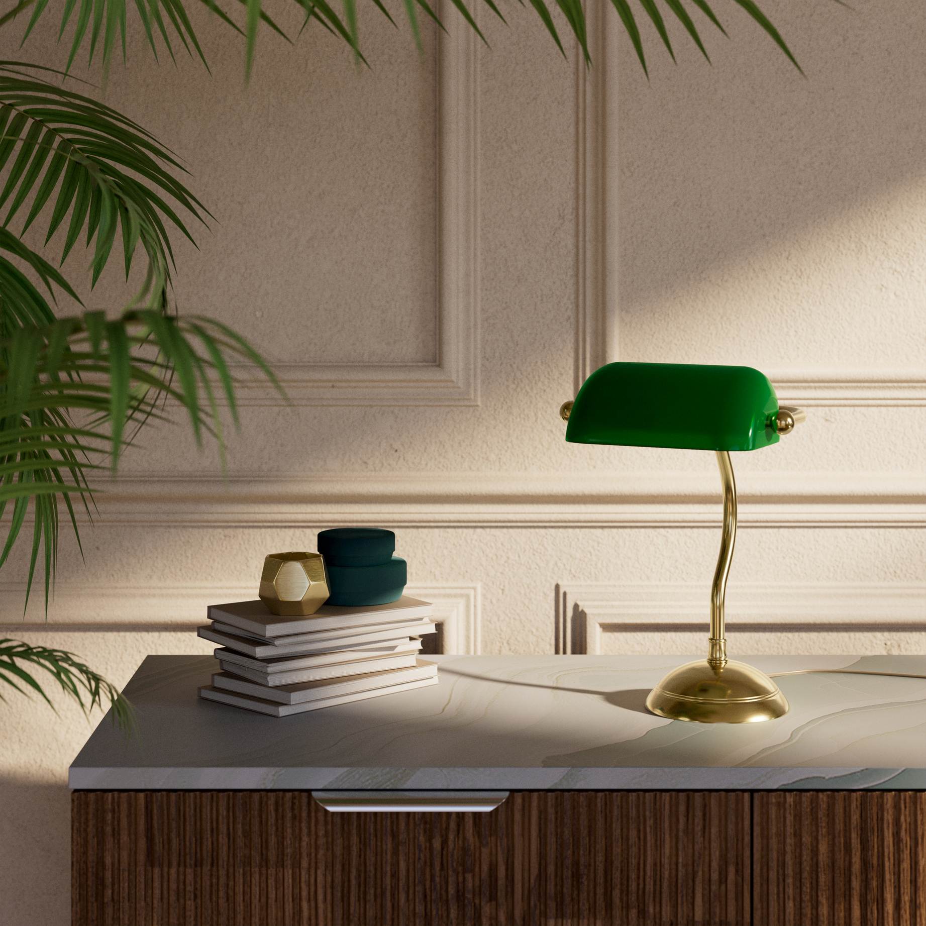 Mini banker's lamp with green glass shade and curved stem, domed brass base, compact design by Ghidini 1849 - Finish: OLV Polished Brass