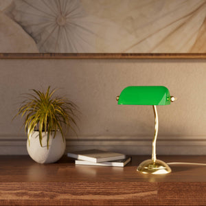 Mini banker's lamp with green glass shade and curved stem, domed brass base, compact design by Ghidini 1849 - Finish: OLV Polished Brass