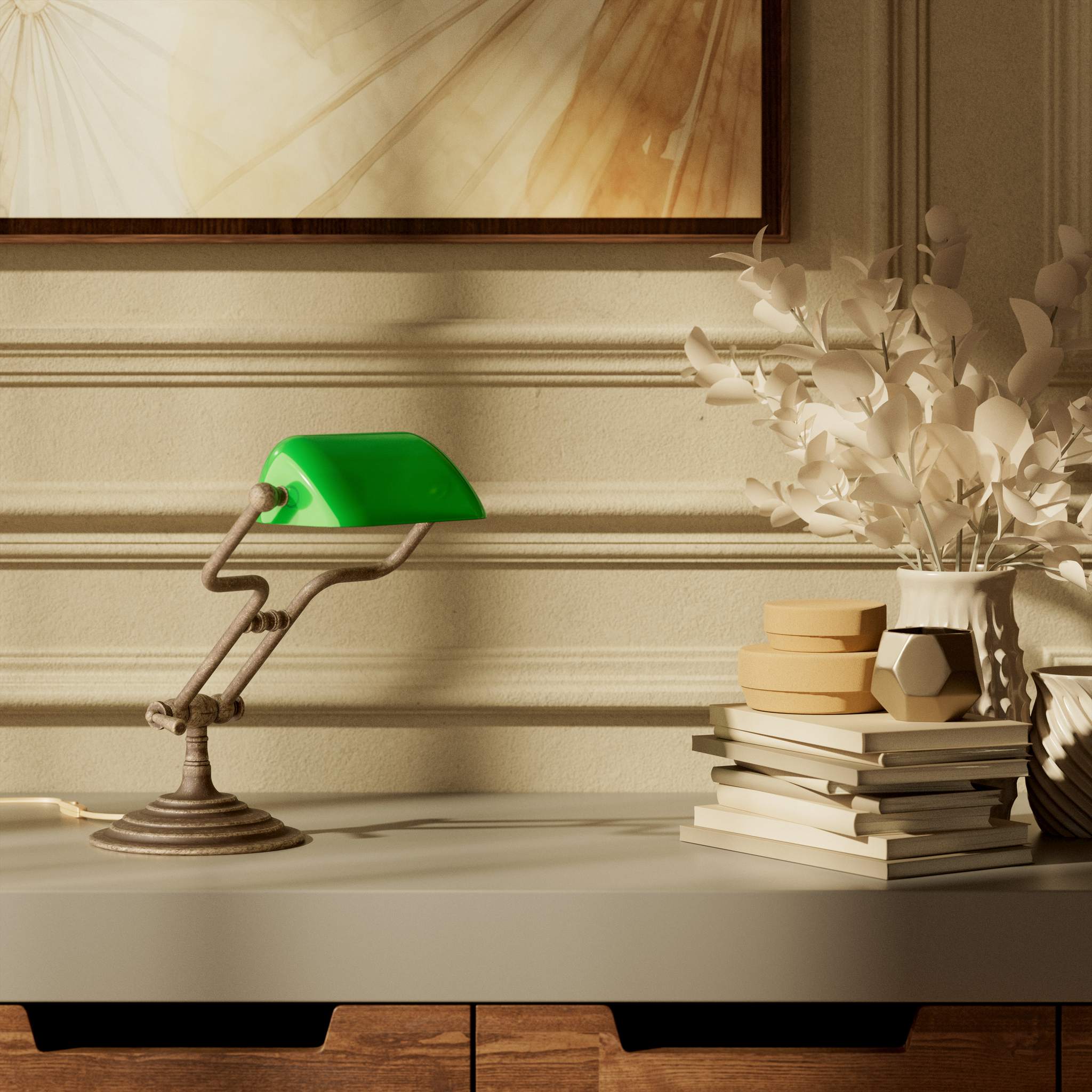 Small banker's lamp with green shade, adjustable brass arm and turned stepped base by Ghidini 1849 - Finish: OAS Antique Brass