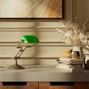 Small banker's lamp with green shade, adjustable brass arm and turned stepped base by Ghidini 1849 - Finish: OAS Antique Brass