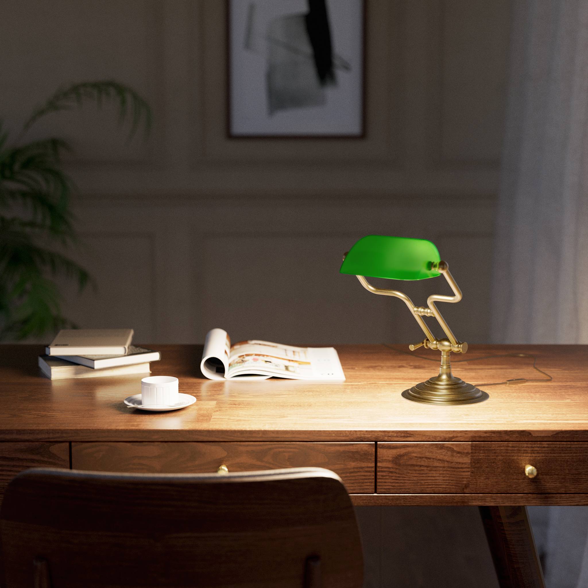 Small banker's lamp with green shade, adjustable brass arm and turned stepped base by Ghidini 1849 - Finish: OBS Bronze Satin Brass