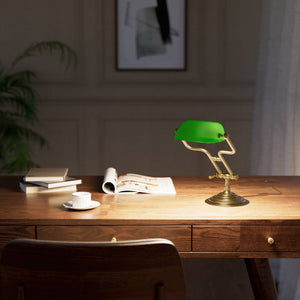 Small banker's lamp with green shade, adjustable brass arm and turned stepped base by Ghidini 1849 - Finish: OBS Bronze Satin Brass