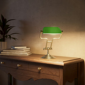 Small banker's lamp with green shade, adjustable brass arm and turned stepped base by Ghidini 1849 - Finish: OBV Bronze Satin Light Brass