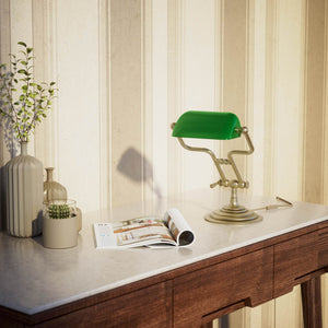 Small banker's lamp with green shade, adjustable brass arm and turned stepped base by Ghidini 1849 - Finish: OBV Bronze Satin Light Brass