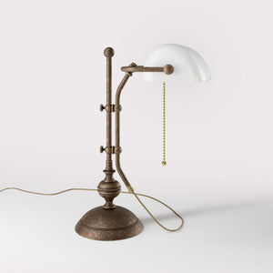 Classic banker's desk lamp with glass shade, height-adjustable arm and chain pull switch, brass structure by Ghidini 1849 - Finish: OAS Antique Brass