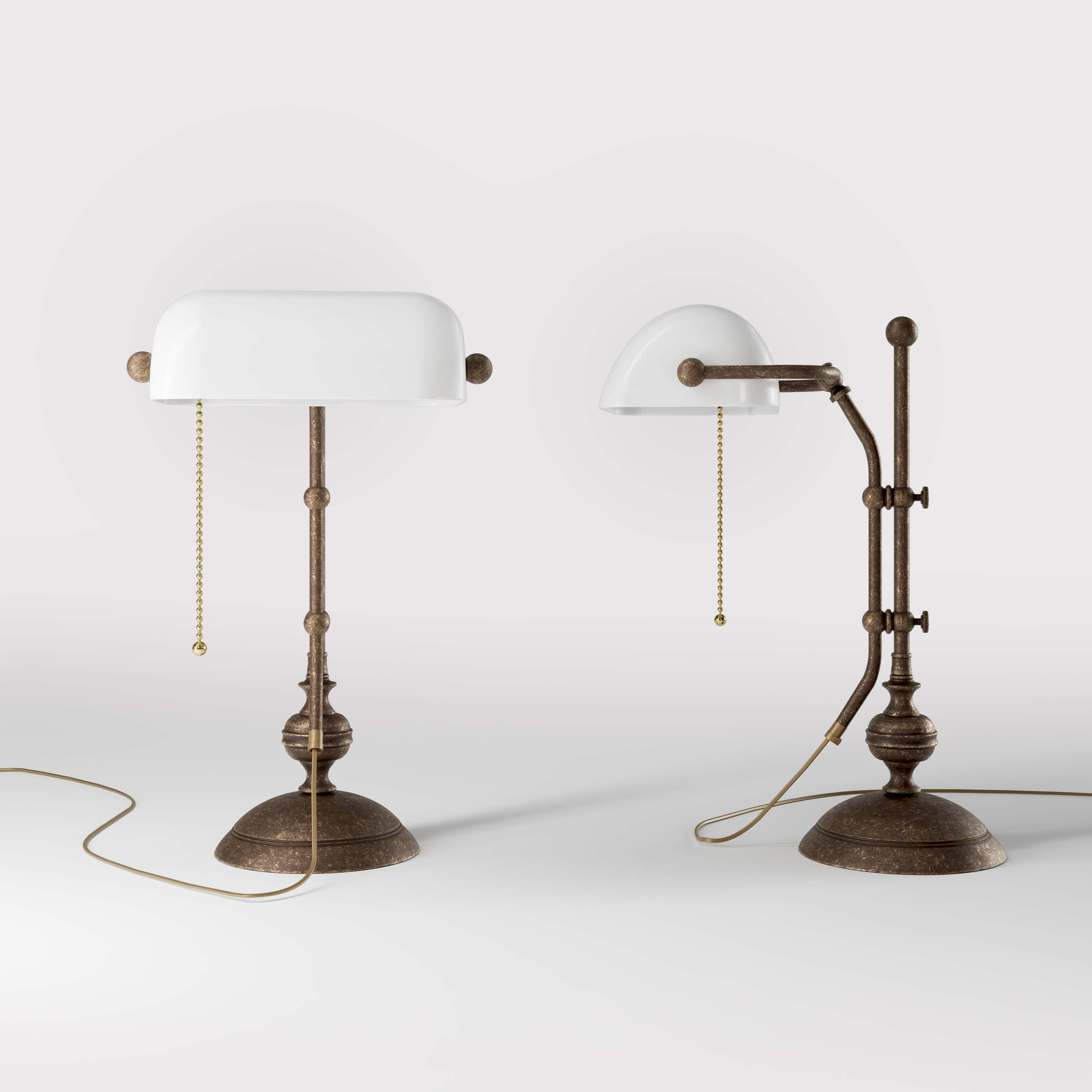 Classic banker's desk lamp with glass shade, height-adjustable arm and chain pull switch, brass structure by Ghidini 1849 - Finish: OAS Antique Brass