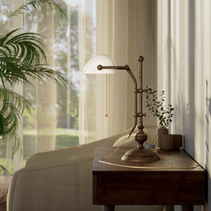 Classic banker's desk lamp with glass shade, height-adjustable arm and chain pull switch, brass structure by Ghidini 1849 - Finish: OAS Antique Brass