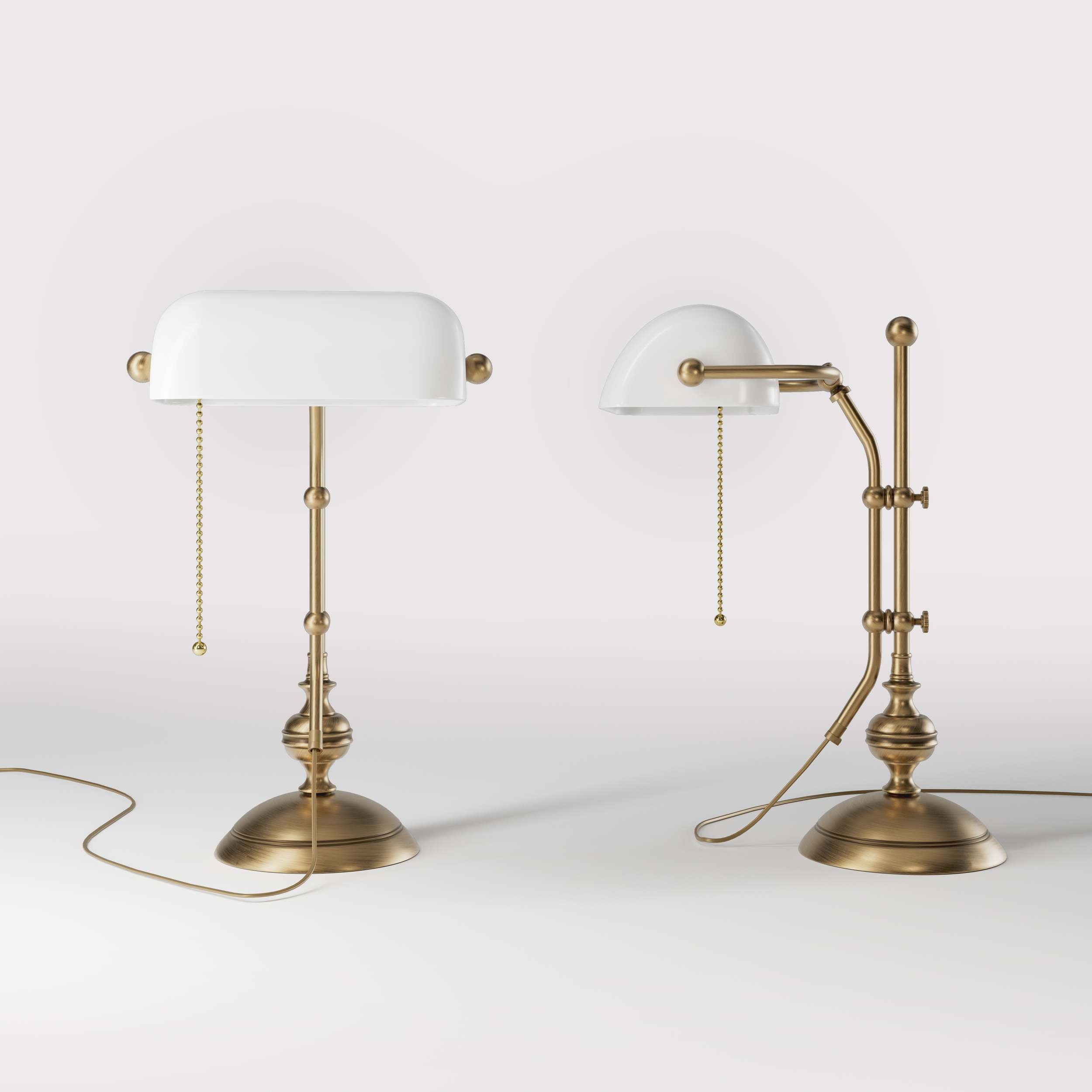 Classic banker's desk lamp with glass shade, height-adjustable arm and chain pull switch, brass structure by Ghidini 1849 - Finish: OBS Bronze Satin Brass