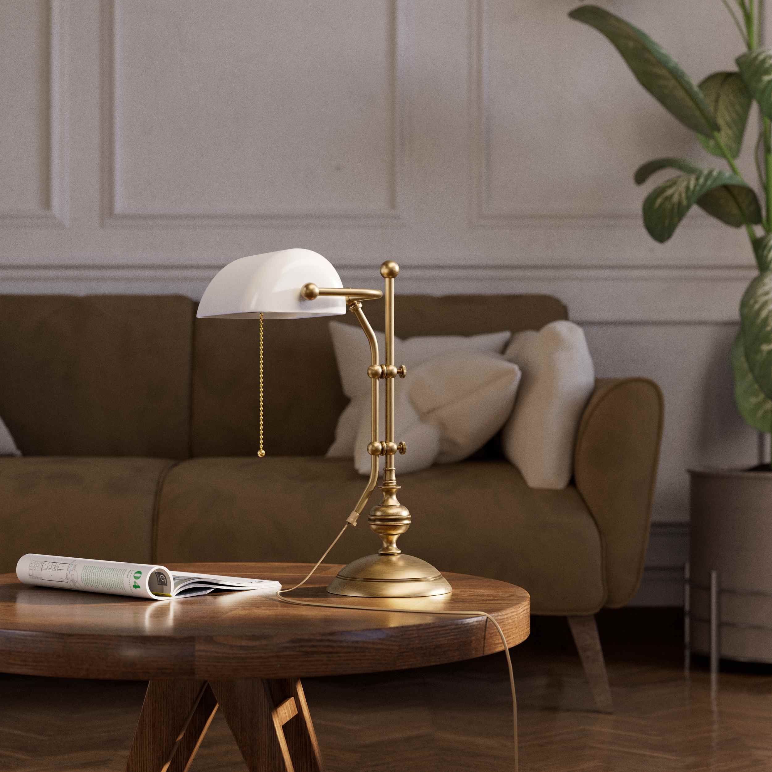 Classic banker's desk lamp with glass shade, height-adjustable arm and chain pull switch, brass structure by Ghidini 1849 - Finish: OBS Bronze Satin Brass