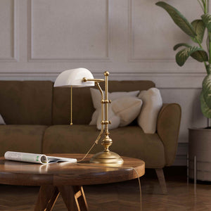 Classic banker's desk lamp with glass shade, height-adjustable arm and chain pull switch, brass structure by Ghidini 1849 - Finish: OBS Bronze Satin Brass