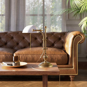 Classic banker's desk lamp with glass shade, height-adjustable arm and chain pull switch, brass structure by Ghidini 1849 - Finish: OBS Bronze Satin Brass