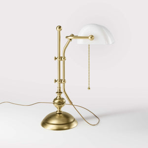 Classic banker's desk lamp with glass shade, height-adjustable arm and chain pull switch, brass structure by Ghidini 1849 - Finish: OBV Bronze Satin Light Brass