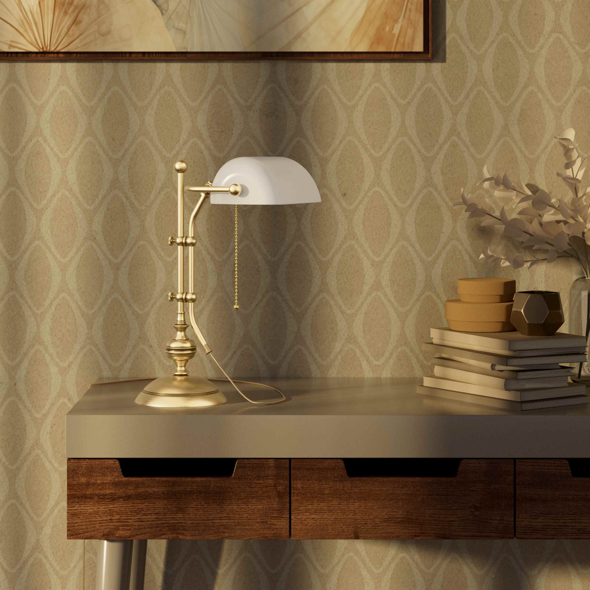 Classic banker's desk lamp with glass shade, height-adjustable arm and chain pull switch, brass structure by Ghidini 1849 - Finish: OBV Bronze Satin Light Brass