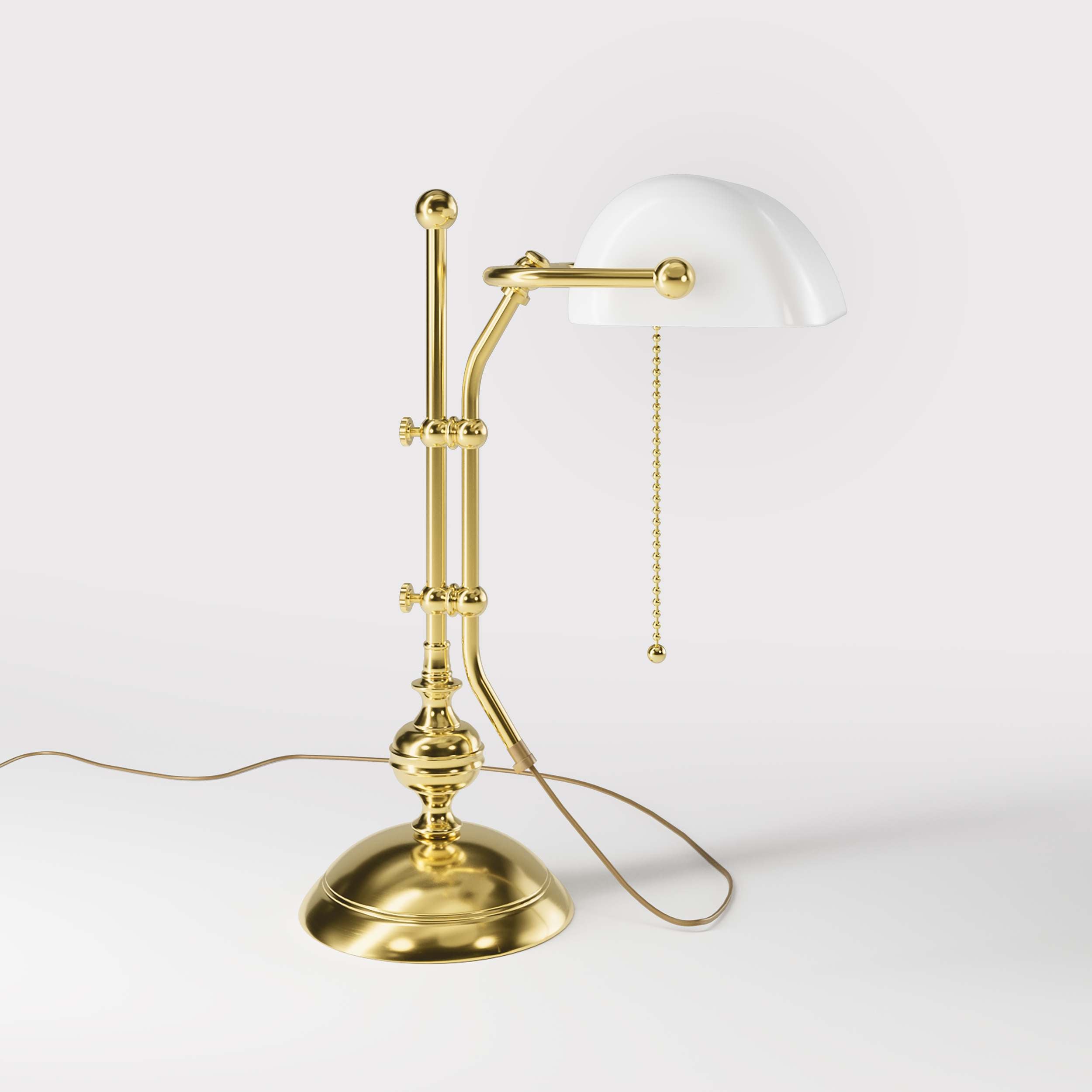 Classic banker's desk lamp with glass shade, height-adjustable arm and chain pull switch, brass structure by Ghidini 1849 - Finish: OLV Polished Brass