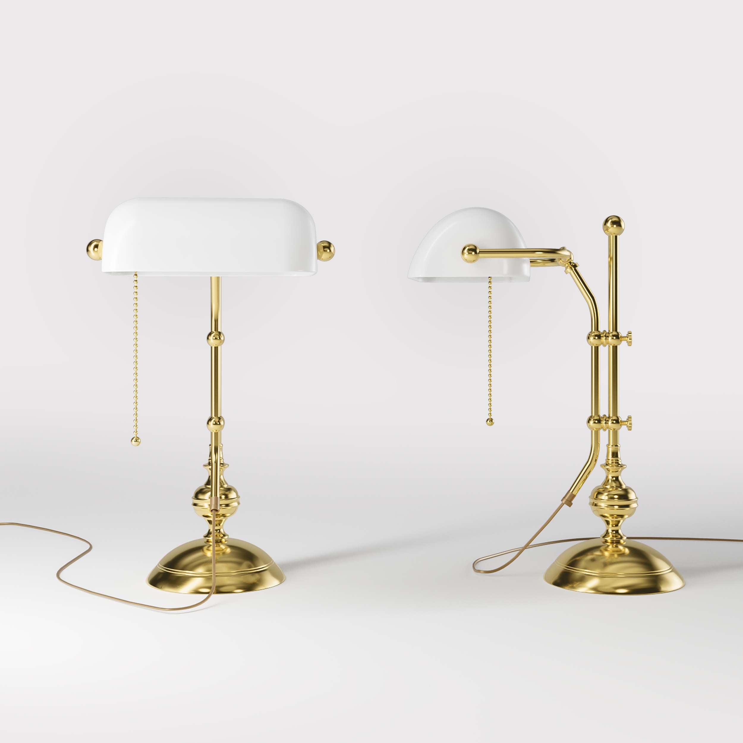 Classic banker's desk lamp with glass shade, height-adjustable arm and chain pull switch, brass structure by Ghidini 1849 - Finish: OLV Polished Brass