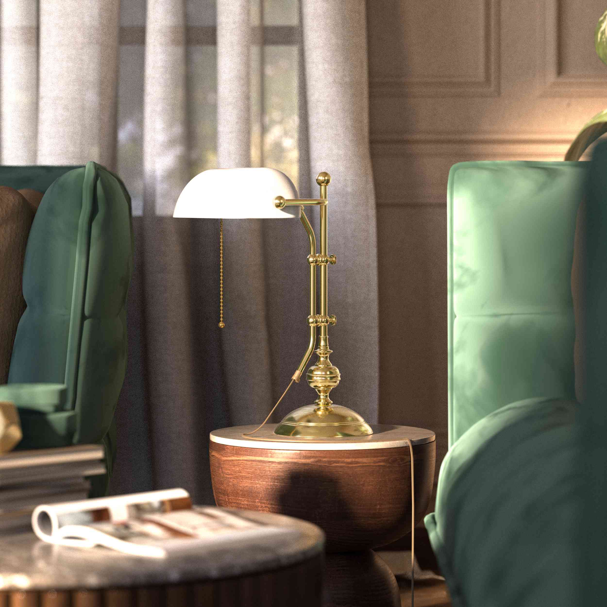 Classic banker's desk lamp with glass shade, height-adjustable arm and chain pull switch, brass structure by Ghidini 1849 - Finish: OLV Polished Brass