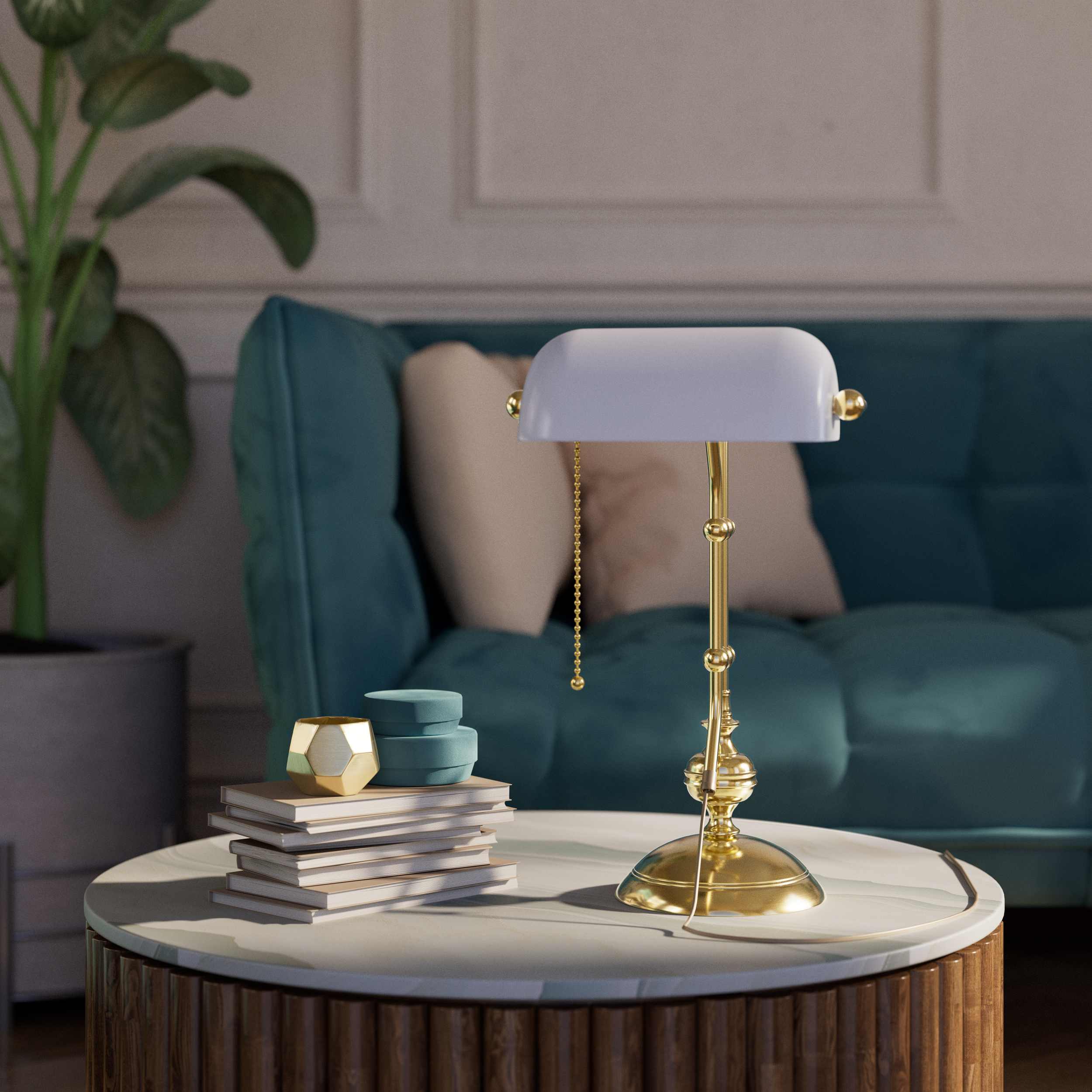 Classic banker's desk lamp with glass shade, height-adjustable arm and chain pull switch, brass structure by Ghidini 1849 - Finish: OLV Polished Brass