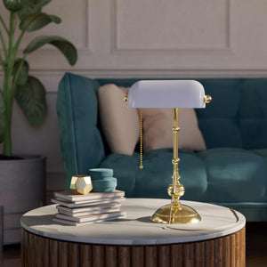 Classic banker's desk lamp with glass shade, height-adjustable arm and chain pull switch, brass structure by Ghidini 1849 - Finish: OLV Polished Brass
